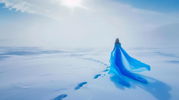 A girl in a blue dress in the snow at the North Pole