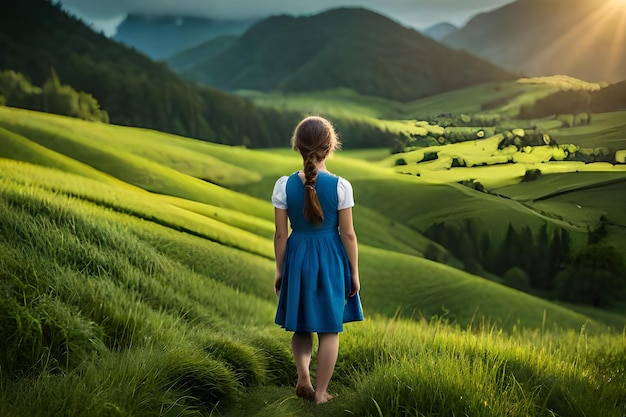 A girl in a blue dress stands in a field of green grass and looks at the mountains.