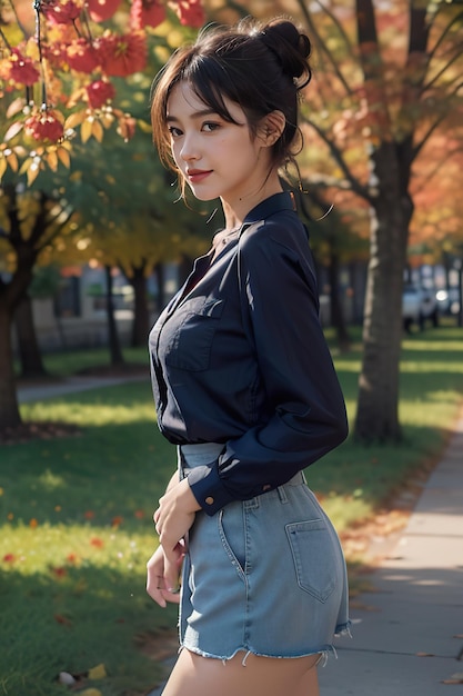 a girl in a blue dress stands on a sidewalk in a park.