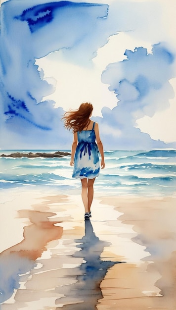 A girl in a blue dress stands in the water with the ocean in the background.