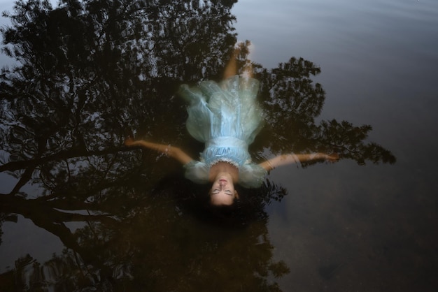 a girl in a blue dress under the watersuicide of a woman on the lake