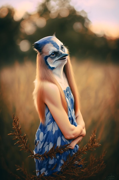 A girl in a blue dress with a blue bird on it