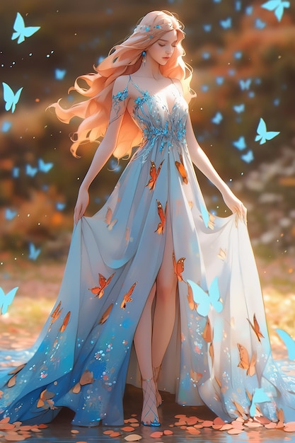 A girl in a blue dress with butterflies on it