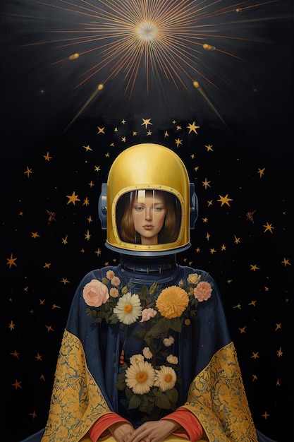 Photo a girl in a blue dress with flowers on her head is standing in front of a star