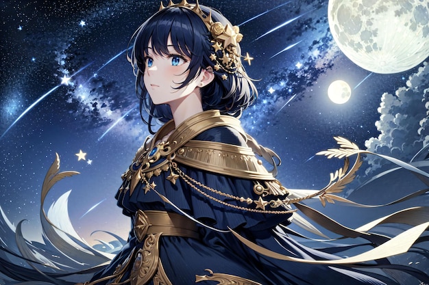 A girl in a blue dress with the moon behind her