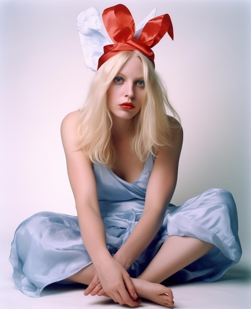 A girl in a blue dress with a red bow on her head