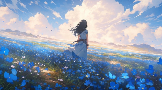 the girl in the blue flowers