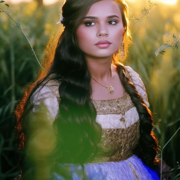 A girl in a blue and gold dress sits in a field of grass.