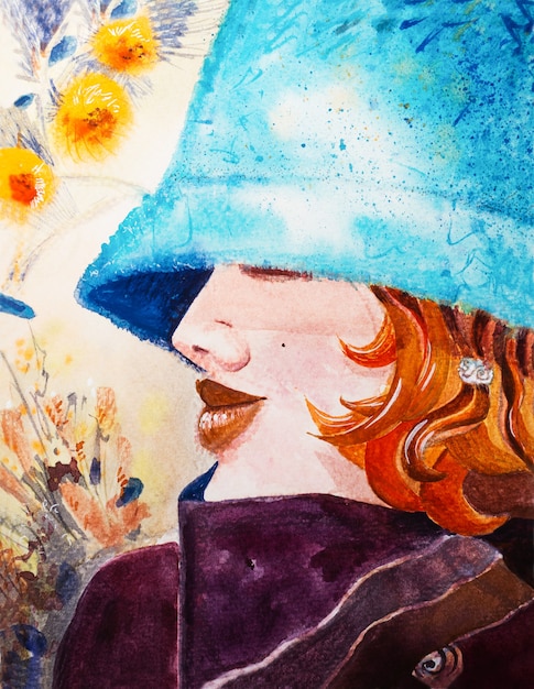 Photo girl in a blue hat with flowers watercolor