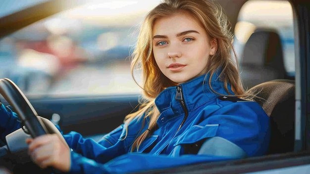 a girl in a blue jacket is sitting in a car