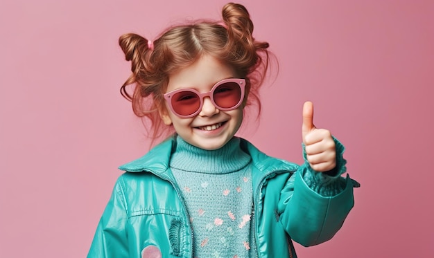 A girl in a blue jacket and pink sunglasses gives a thumbs up.