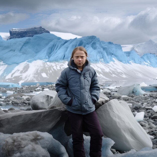 Photo a girl in a blue jacket stands in front of a snow covered mountain