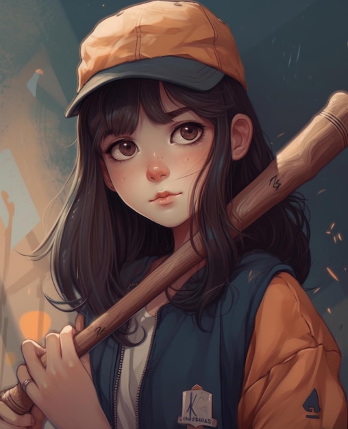 A girl in a blue jacket with a baseball bat in her hand