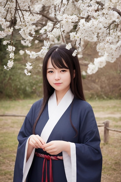 A girl in a blue kimono stands under a flowering tree.