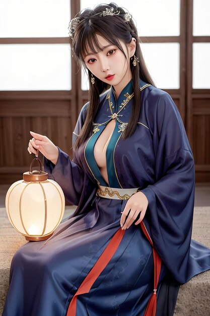 A girl in a blue kimono with a lantern