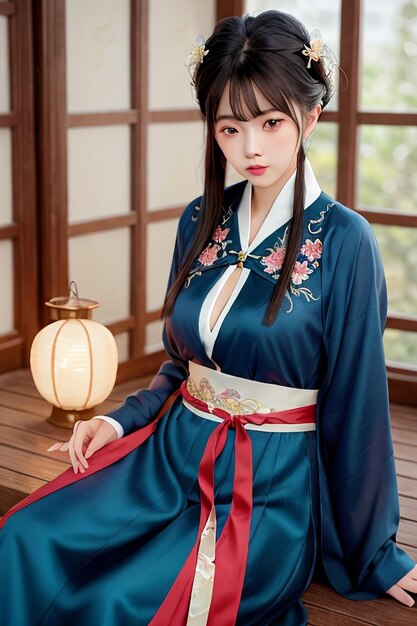 A girl in a blue kimono with red flowers and a white lantern