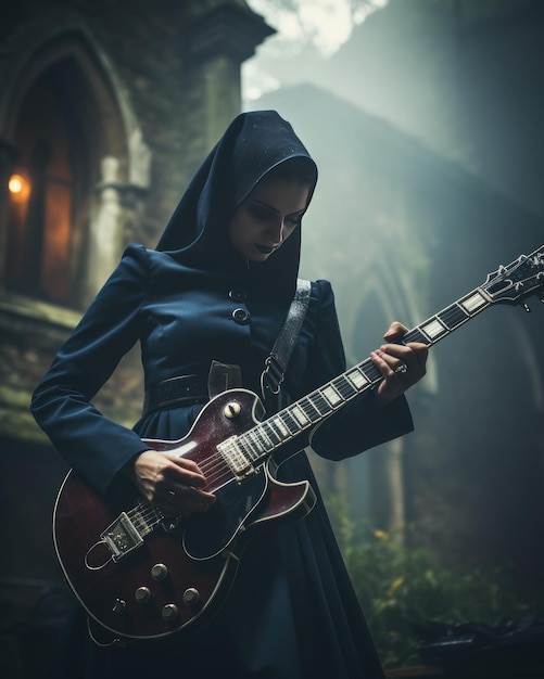 девушка в синем халате с красной гитарой.
