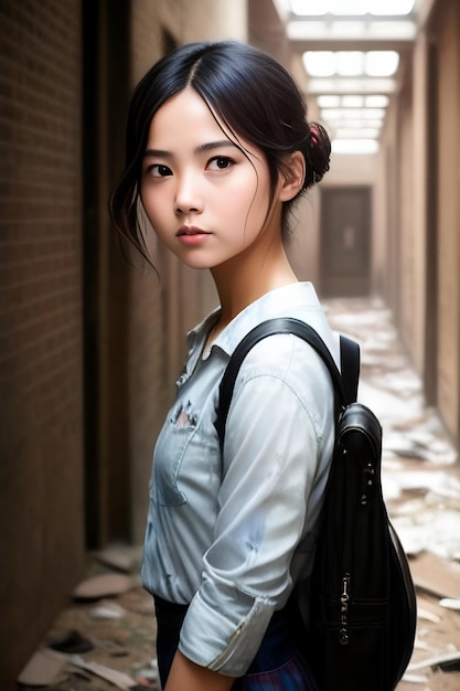 A girl in a blue shirt and a black bag stands in an alley