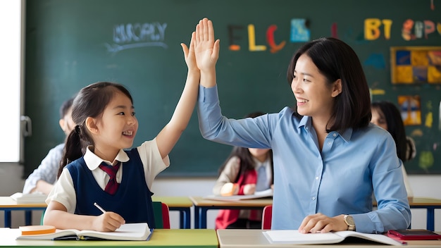 a girl in a blue shirt is raising her hand to the right of a girl in a classroom with the word  do - it  on the wall