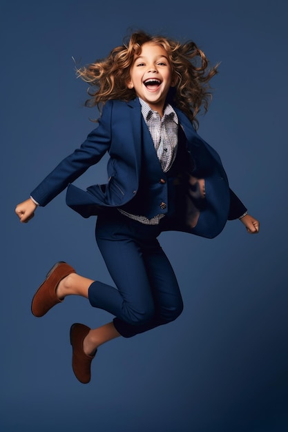 A girl in a blue suit jumps in the air with the word's on the bottom.