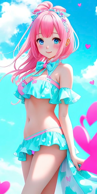 A girl in a blue swimsuit with pink hair and a pink hair.