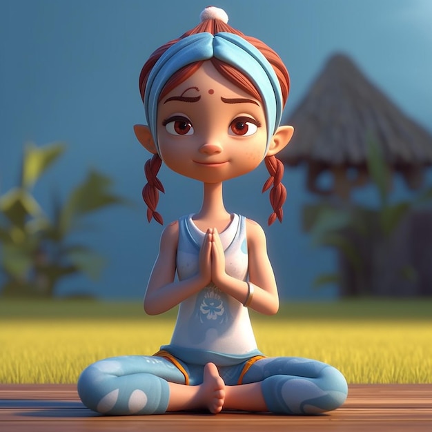 A girl in a blue tank top is sitting in a yoga pose with her hands in the air.