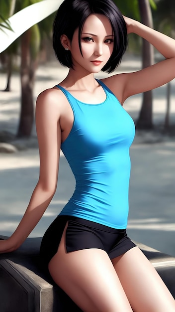 A girl in a blue tank top is standing on a road.