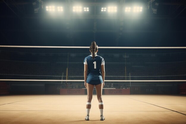 A girl in a blue uniform stands on a court with the number 1 on her back.