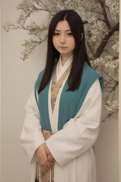A girl in a blue and white robe stands in front of a tree with a flower in the background.