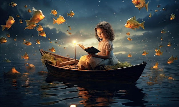 A girl in a boat reads a book.