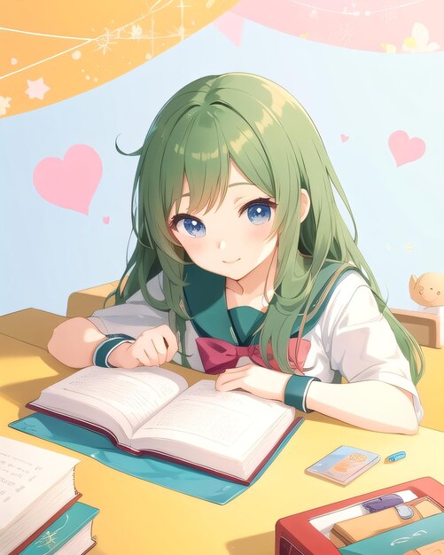 壁にハートの付いた本を読んでいる本の中の女の子。