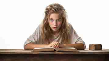 Photo girl and the book she is reading on the table on a white background