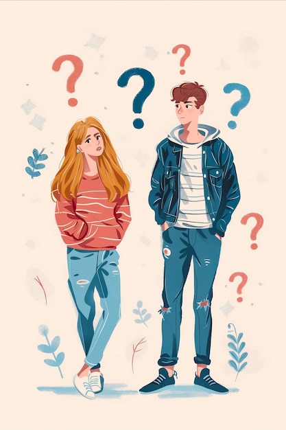 A girl and a boy are standing next to each other and looking at a question