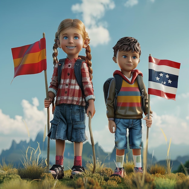 a girl and a boy are standing next to a flag and a girl with a backpack