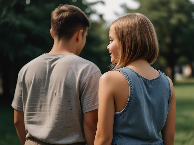 a girl and a boy are standing in front of a forest