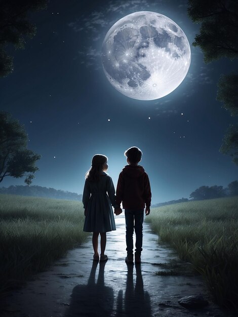 Photo a girl and a boy are standing in front of the moon on the bank of a river