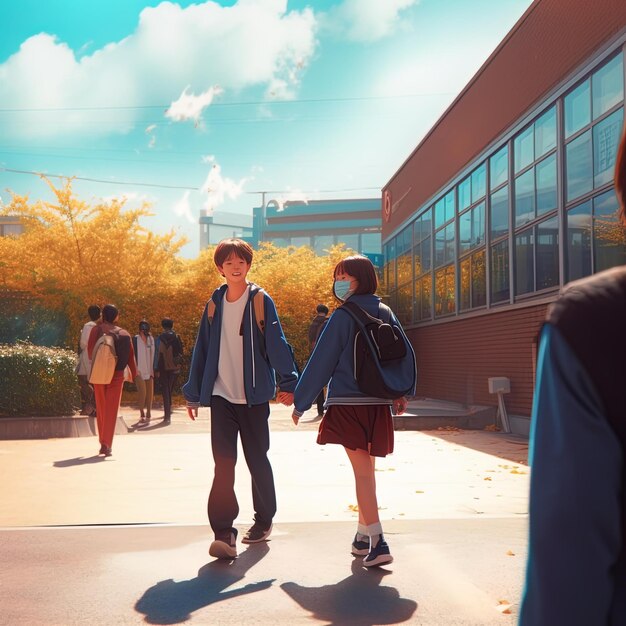 Photo a girl and a boy are walking in front of a building