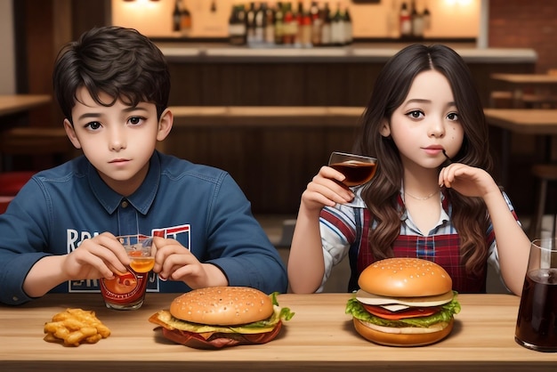 Девушка и мальчик едят вкусный бургер в сопровождении стакана виски со льдом