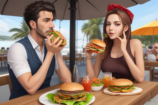 A girl and boy eat delicious burger accompanied with a glass of whiskey on the rocks