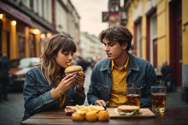 A girl and boy eat delicious burger accompanied with a glass of whiskey on the rocks