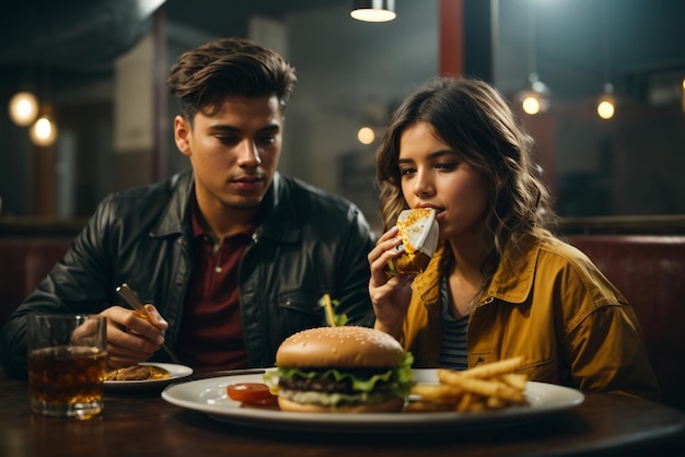 A girl and boy eat delicious burger accompanied with a glass of whiskey on the rocks