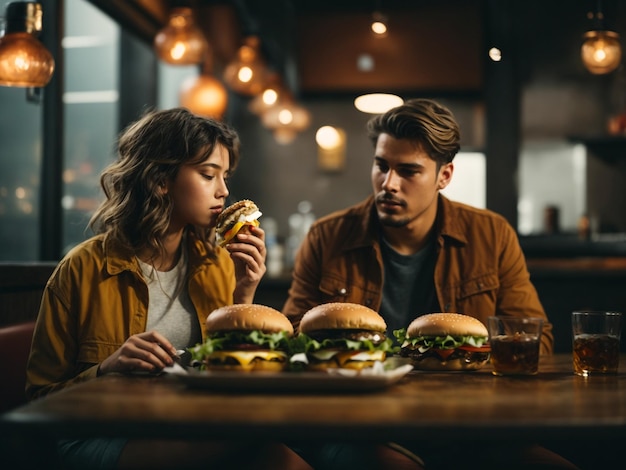 A girl and boy eat delicious burger accompanied with a glass of whiskey on the rocks
