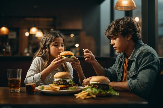 A girl and boy eat delicious burger accompanied with a glass of whiskey on the rocks