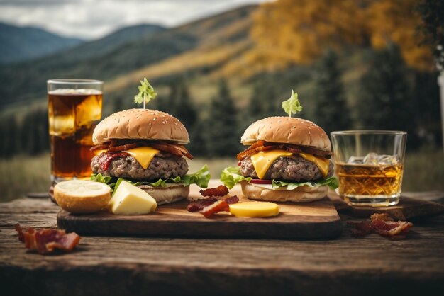 A girl and boy eat delicious burger accompanied with a glass of whiskey on the rocks