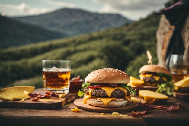 A girl and boy eat delicious burger accompanied with a glass of whiskey on the rocks