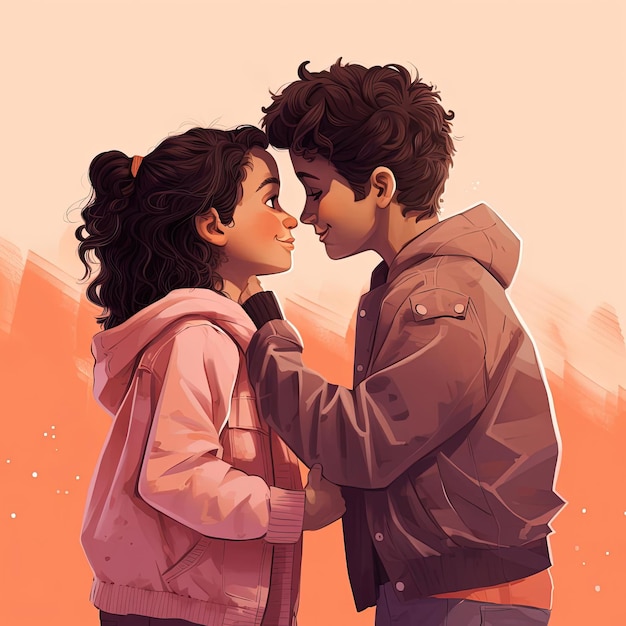 a girl and boy on a pink background kissing in the style of detailed character illustrations