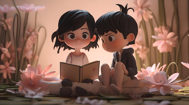 A girl and boy reading a book in a pink room