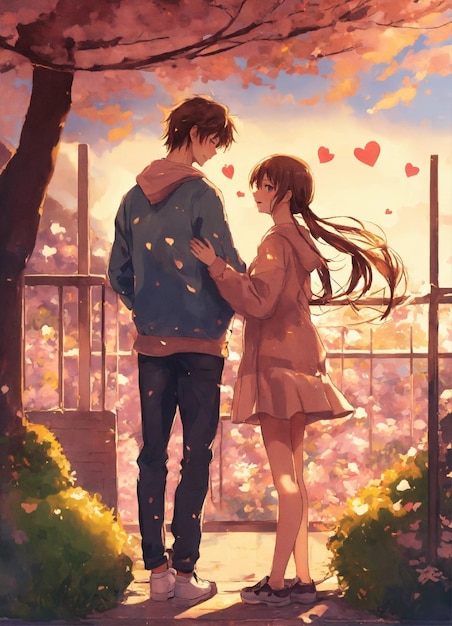 girl and boy showing love for each other anime art style