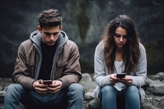 A girl and a boy sit next to each other on the street and look at their phones