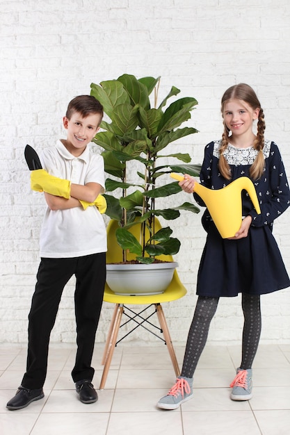 Girl and boy watering houseplant